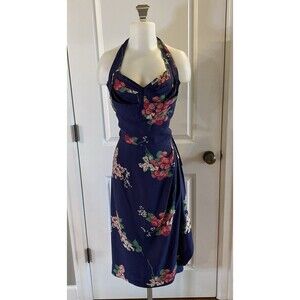 Trashy Diva Halter Retro PinUp Midi Dress Fitted Blue Floral Faux Wrap -Size 14